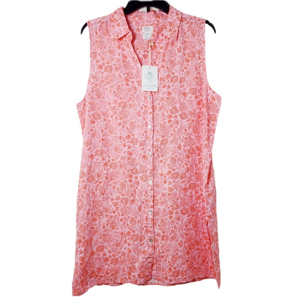 Sigrid Olsen NWT‎ Coral Linen Sealife Print Sleeveless Shift Tunic Shirt Dress